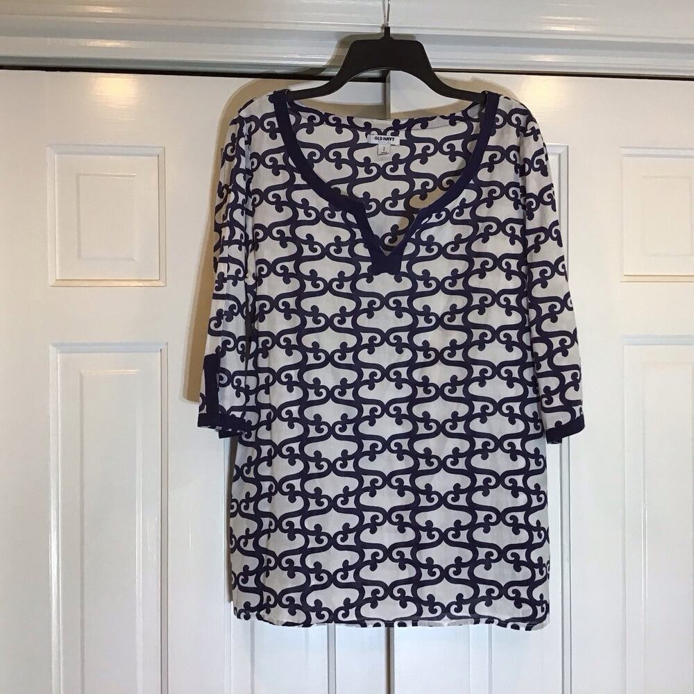 Old Navy Nautical Print Women’s Navy Tunic Sz L 100% Cotton Preppy Coastal Chic